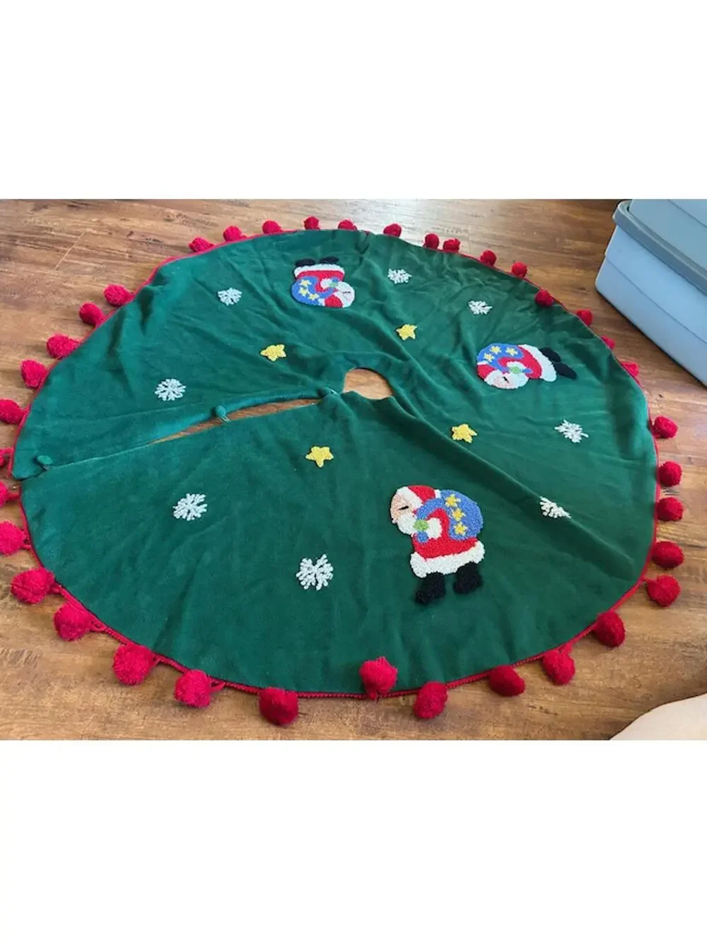 Vintage Green Christmas Tree Skirt with Santa Appliques and Red Pom Pom Trim